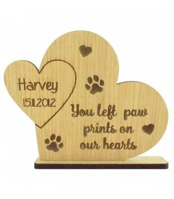 Laser Cut Oak Veneer Personalised Engraved 'You Left Paw Prints On Our Hearts' Heart on a Stand